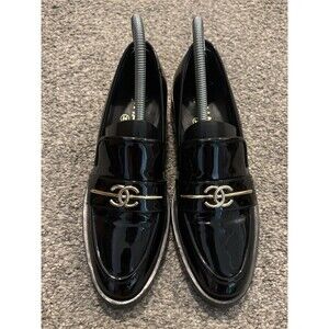 Chanel Shoes Loafers Flats CC Logo Black Size 37 US 7